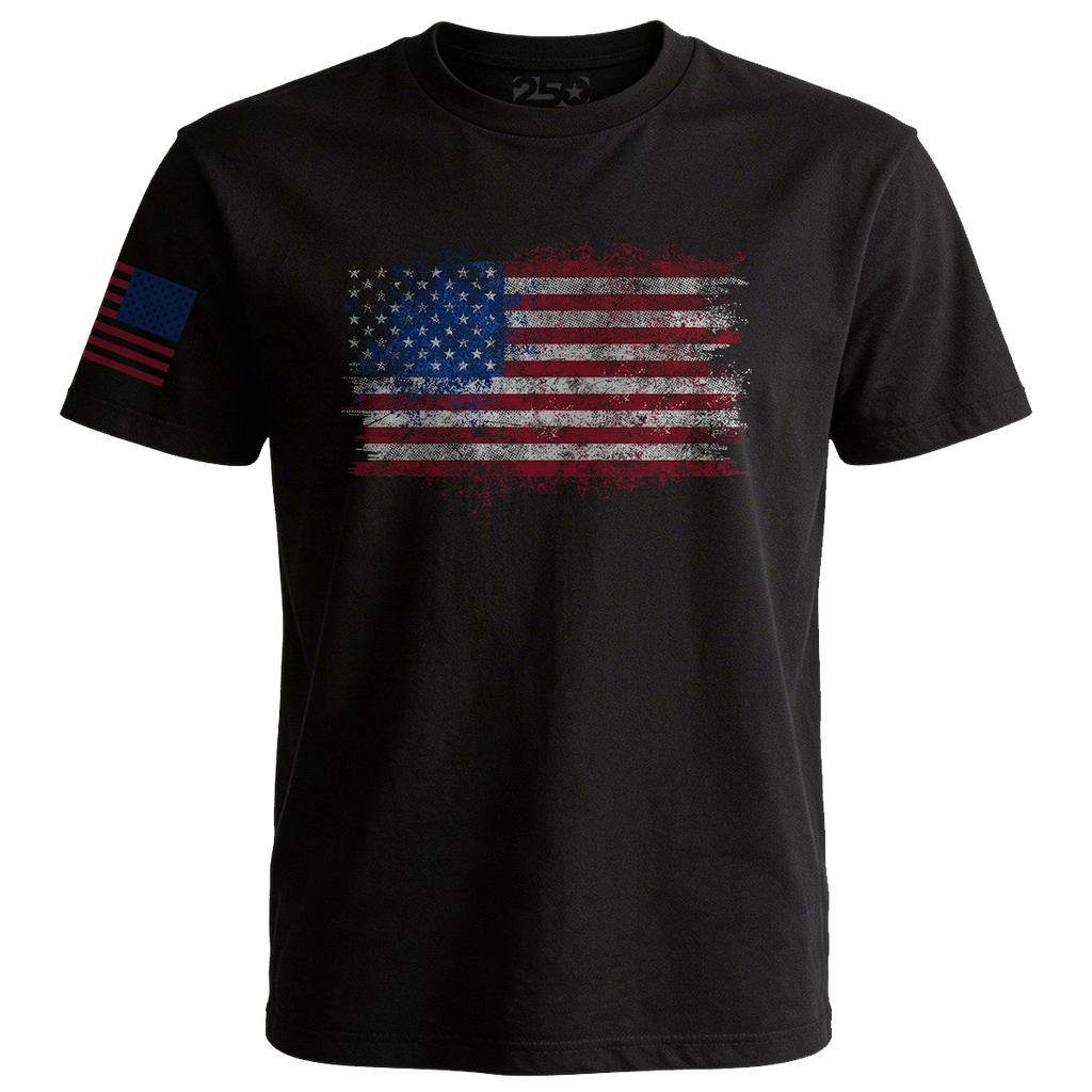 Distressed American flag patriotic black t-shirt with sleeve USA flag design