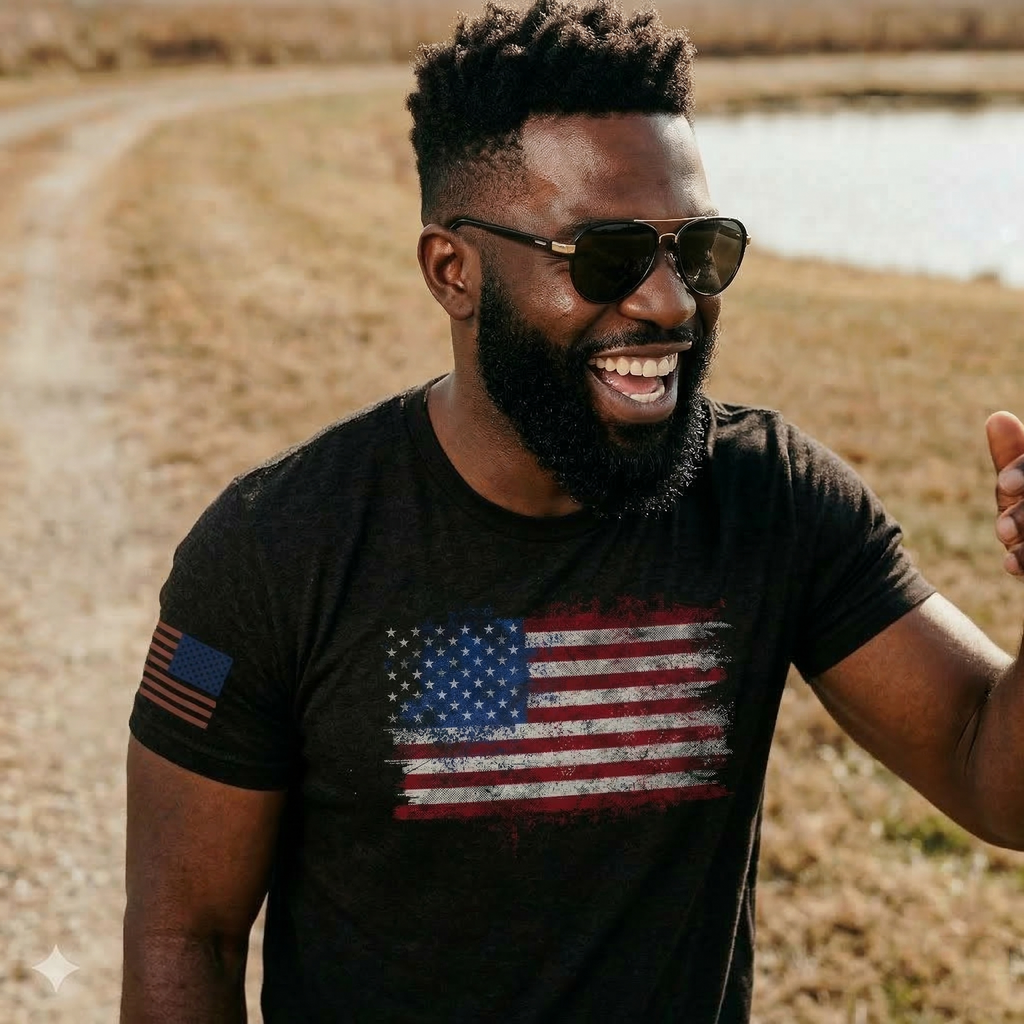 Man wearing sunglasses and a black t-shirt with an American flag design outdoors.