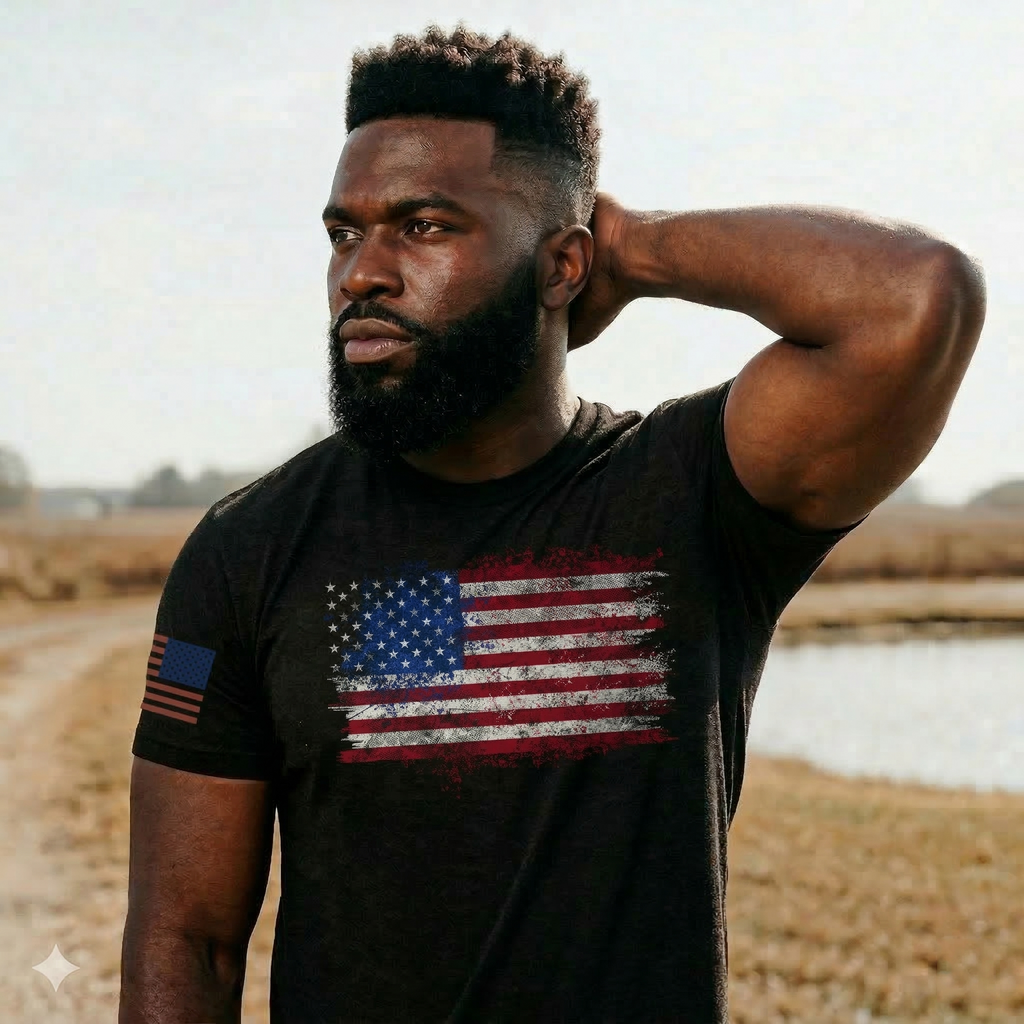 Man wearing a black t-shirt with an American flag design outdoors
