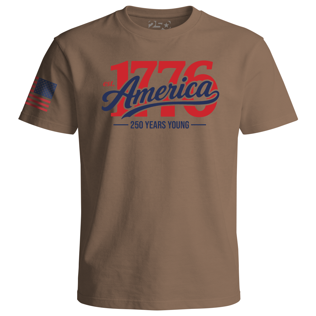 Tan t-shirt featuring “1776 America” script design with “250 Years Young” text in red and blue patriotic colors and a stylized American flag on the sleeve.
