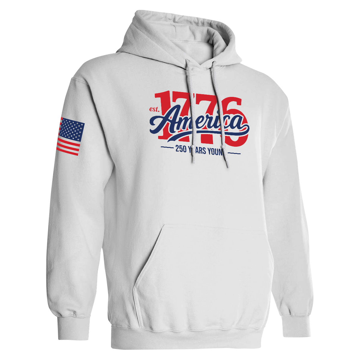 White hoodie with '1776 America' text and American flag on sleeve against a white background
