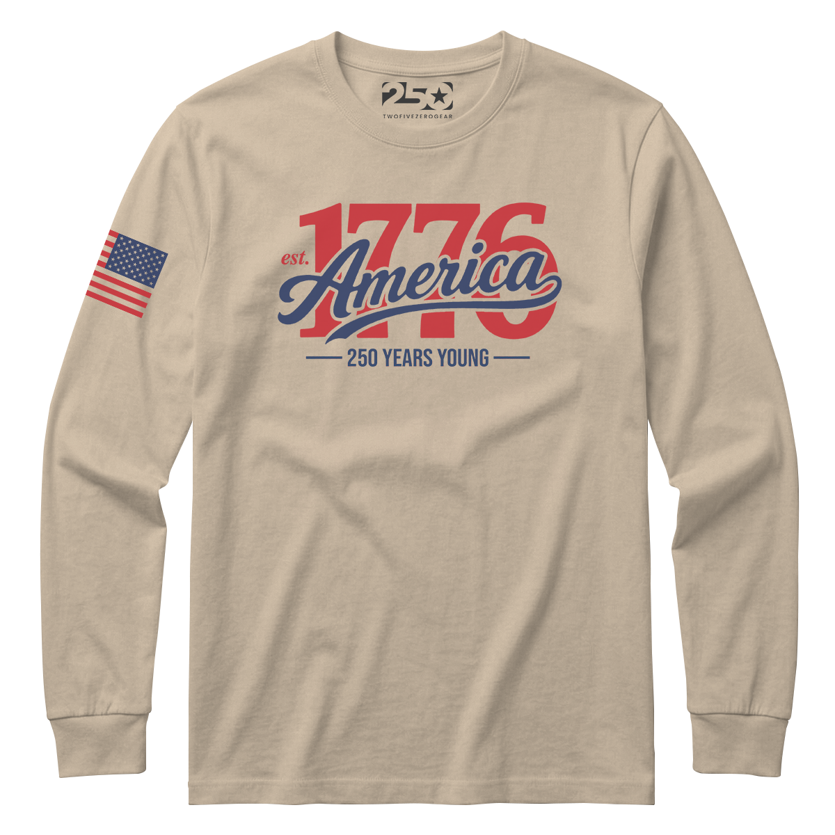 Beige long-sleeve shirt with '1776 America' text and American flag on a white background