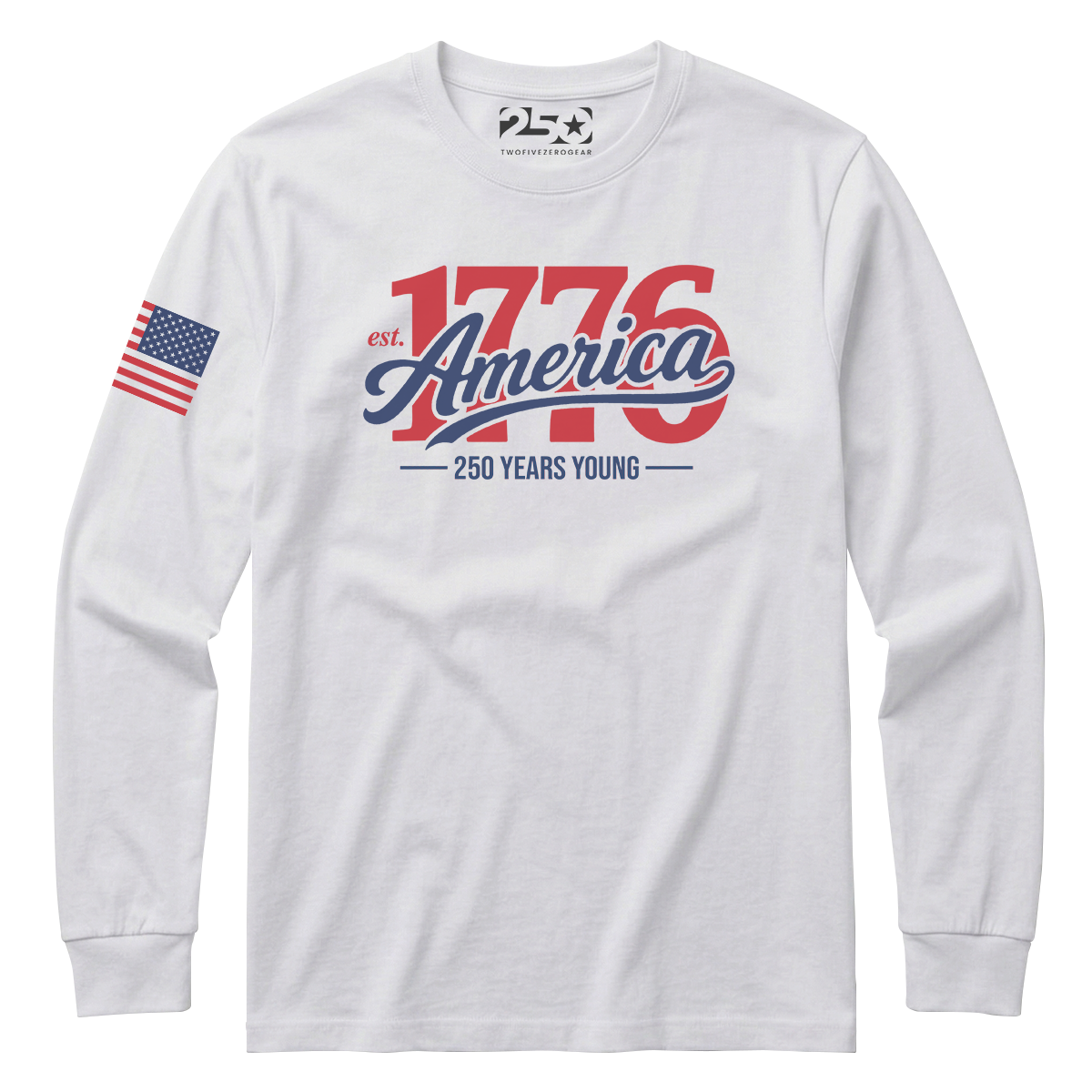 White long-sleeve shirt with '1776 America' text and American flag on a white background