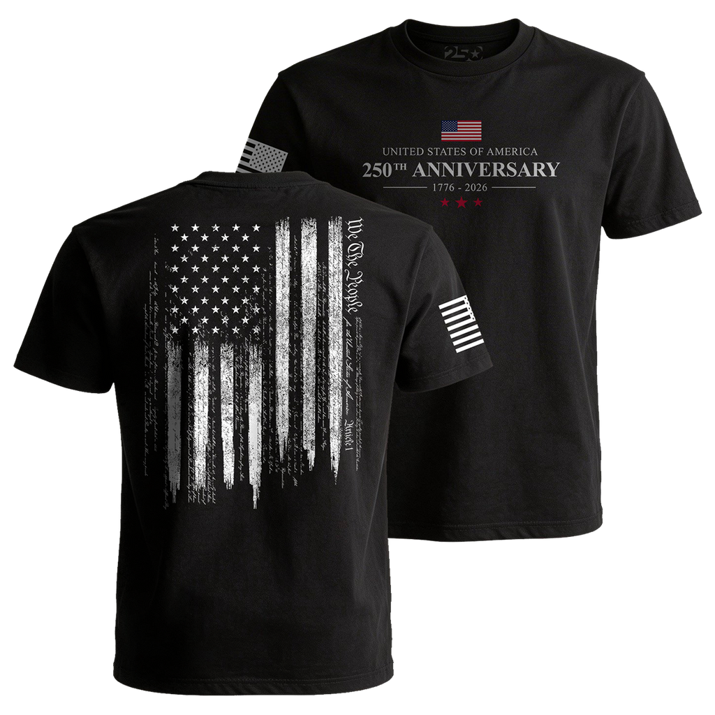 USA 250th Anniversary patriotic t-shirt with American flag design and We The People back graphic 1776 2026