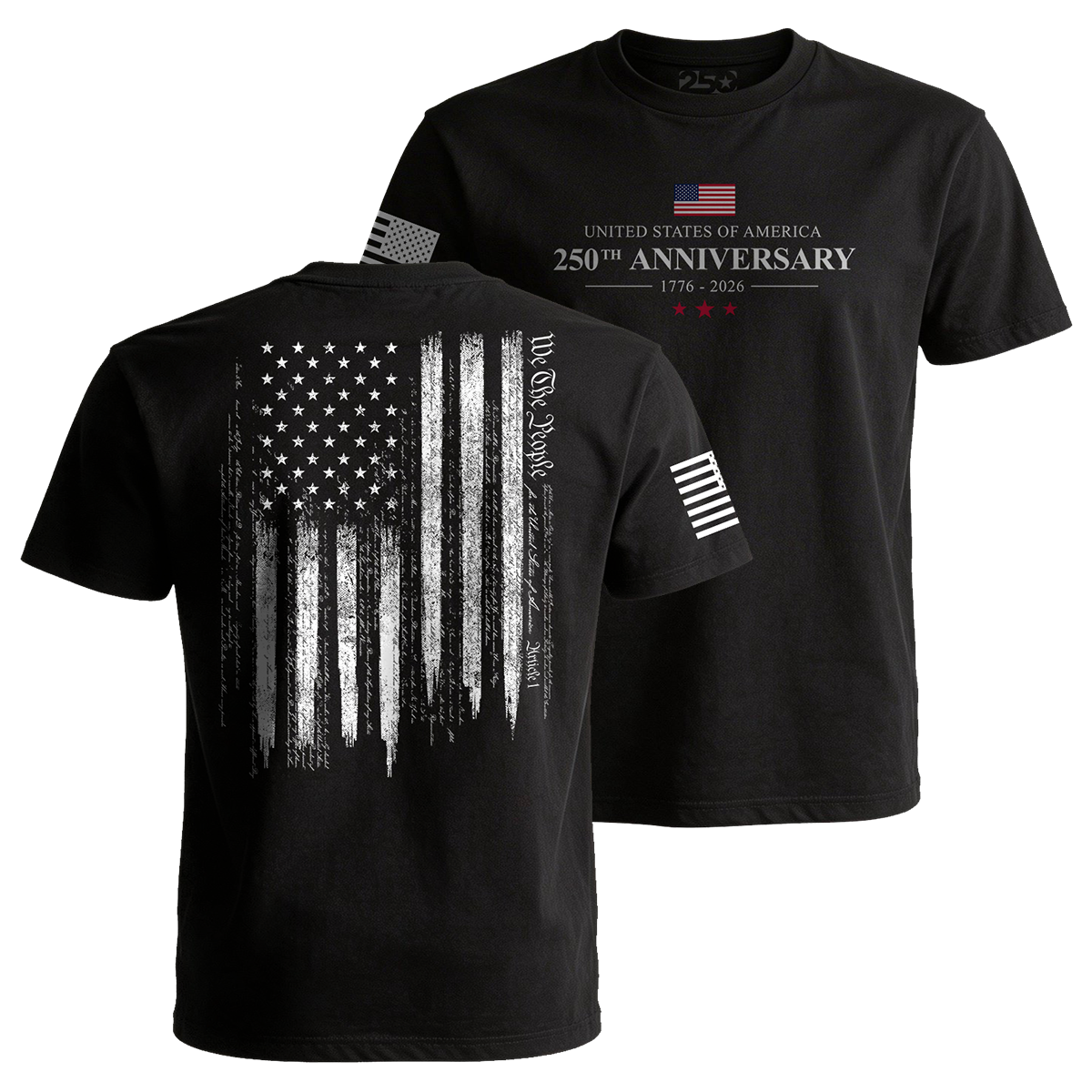 USA 250th Anniversary patriotic t-shirt with American flag design and We The People back graphic 1776 2026