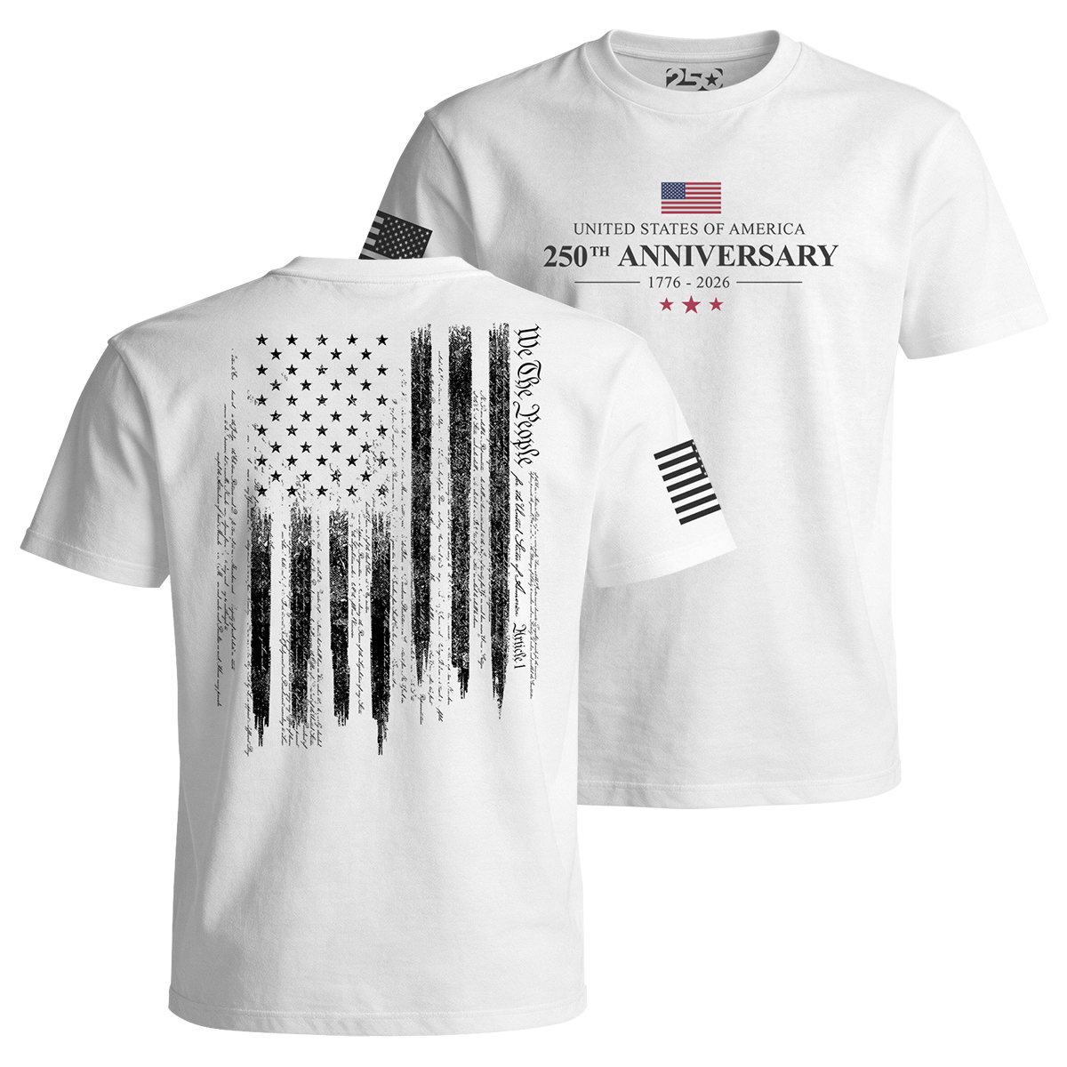 USA 250th Anniversary patriotic t-shirt with American flag design and We The People back graphic 1776 2026