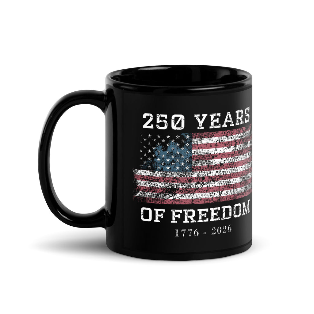 250 Years of Freedom Patriotic Flag Mug by TwoFiveZero Gear with bold American design on ceramic coffee mug