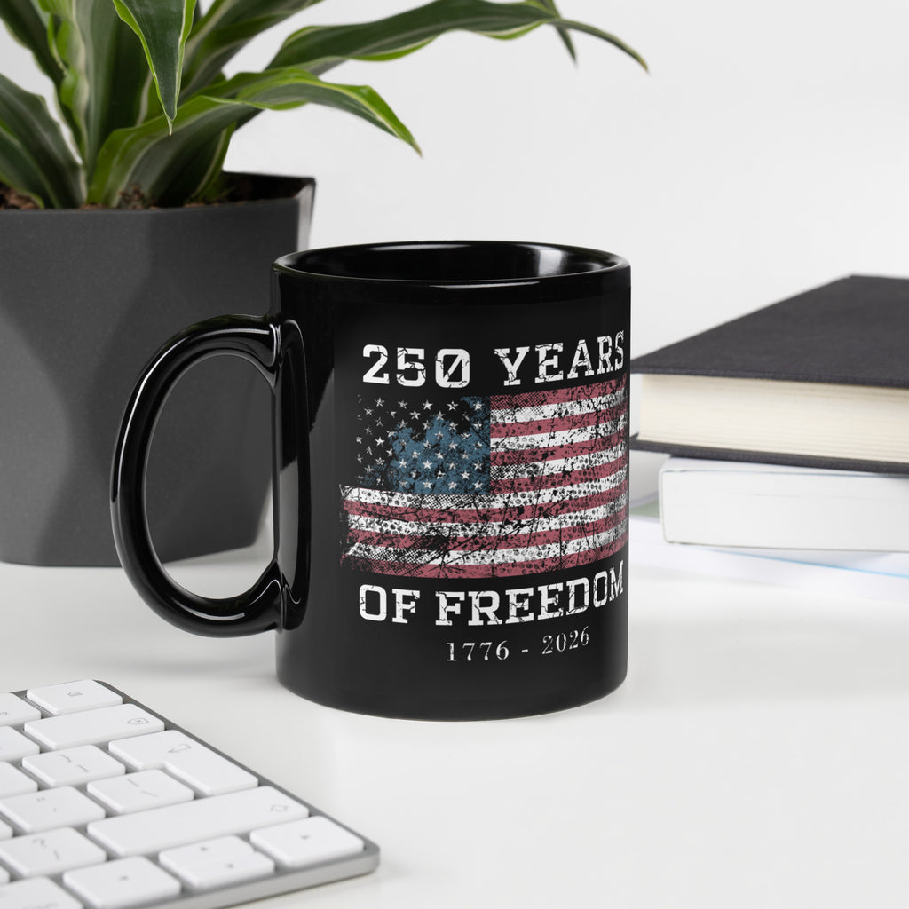 250 Years of Freedom Patriotic Flag Mug by TwoFiveZero Gear with bold American design on ceramic coffee mugmockup