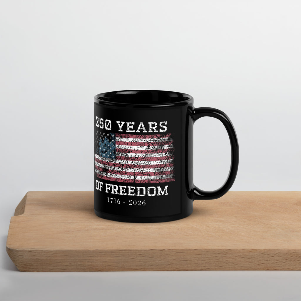 250 Years of Freedom Patriotic Flag Mug by TwoFiveZero Gear with bold American design on ceramic coffee mug