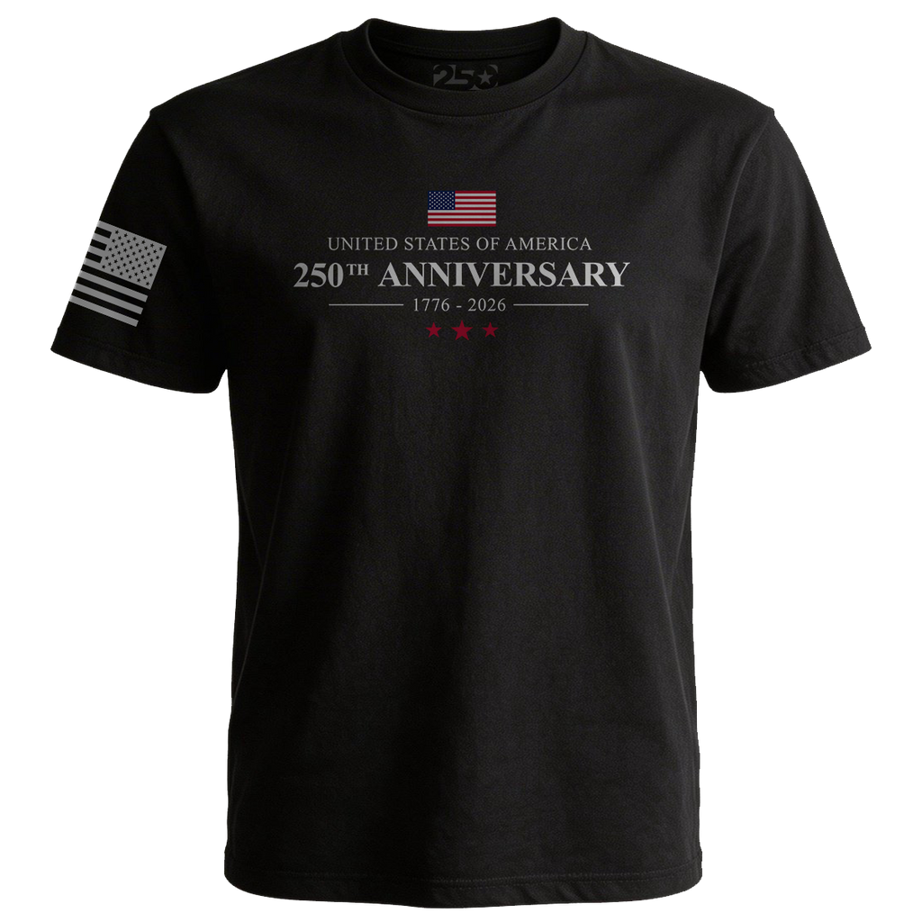 Black patriotic shirt USA 250th anniversary 1776 2026 American flag design