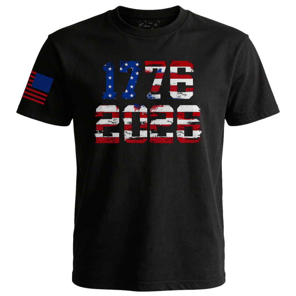 Black patriotic t-shirt with 1776 2026 American flag design and red blue sleeve flag detail