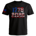 Black patriotic t-shirt with 1776 2026 American flag design and red blue sleeve flag detail