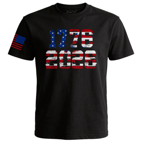 Black patriotic t-shirt with 1776 2026 American flag design and red blue sleeve flag detail