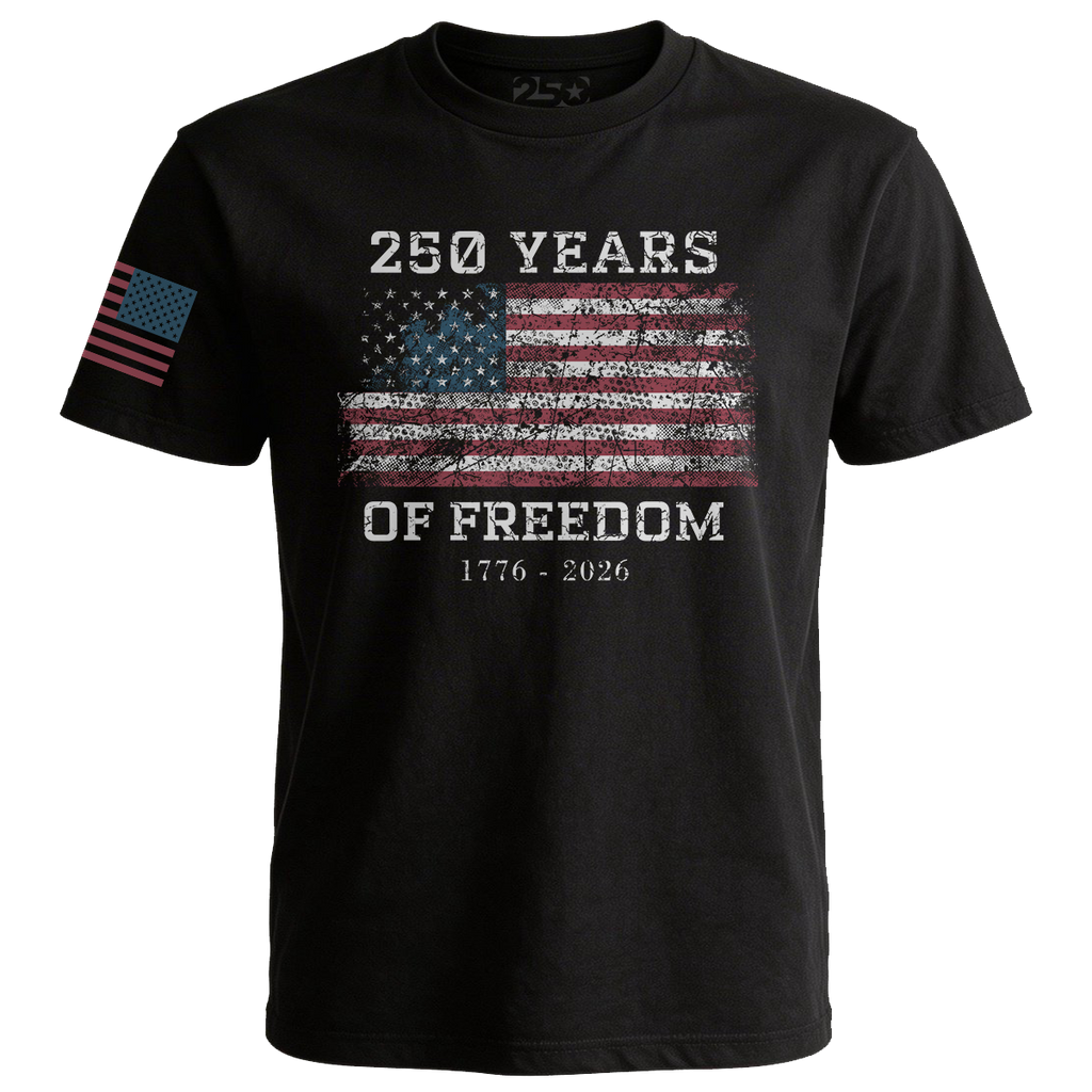 Black 250 Years of Freedom patriotic t-shirt with distressed American flag design and 1776–2026 text