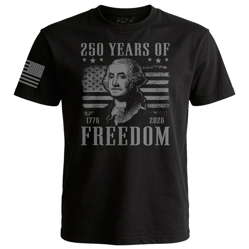 Black t-shirt with a graphic of George Washington and text celebrating 250 years of freedom