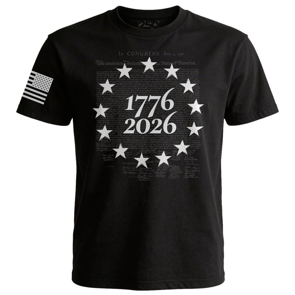 1776 2026 patriotic black t-shirt with Betsy Ross 13 star circle and We The People Constitution script background.