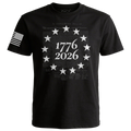1776 2026 patriotic black t-shirt with Betsy Ross 13 star circle and We The People Constitution script background.