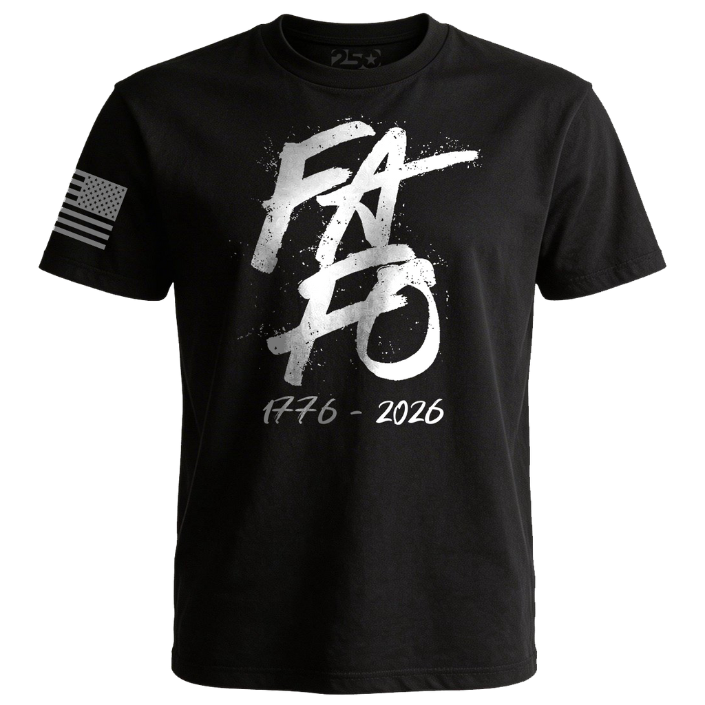Black FAFO patriotic t-shirt with bold graffiti style design and 1776 2026 text