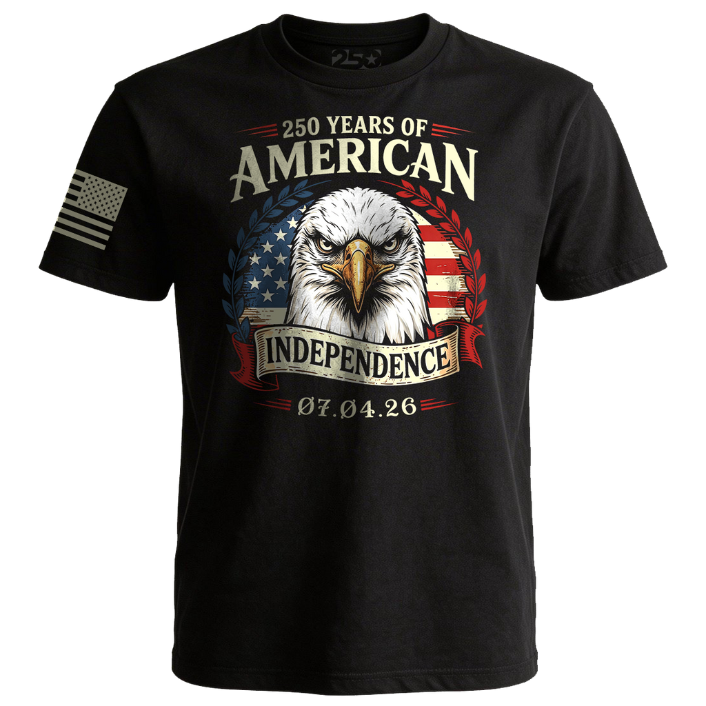 Black patriotic t-shirt with bald eagle design and “250 Years of American Independence 07.04.26” graphic, featuring American flag elements