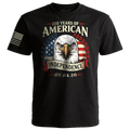 Black patriotic t-shirt with bald eagle design and “250 Years of American Independence 07.04.26” graphic, featuring American flag elements