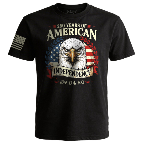 Black patriotic t-shirt with bald eagle design and “250 Years of American Independence 07.04.26” graphic, featuring American flag elements