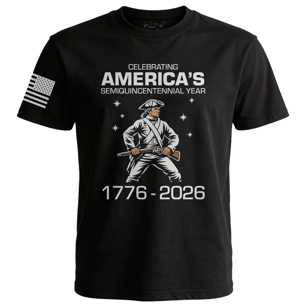 Black America semiquincentennial 1776 2026 patriotic t-shirt with colonial soldier design and USA flag sleeve