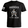 Black America semiquincentennial 1776 2026 patriotic t-shirt with colonial soldier design and USA flag sleeve