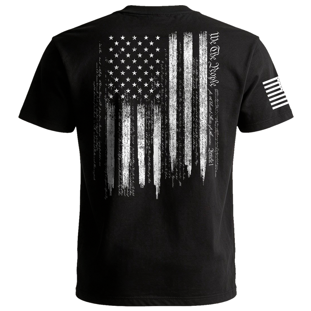 Black t-shirt with American flag design on the back and a small flag patch on the sleeve against a white background.