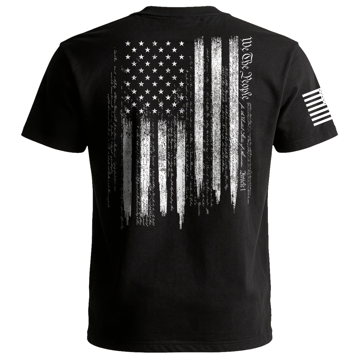 Black t-shirt with American flag design on the back and a small flag patch on the sleeve against a white background.