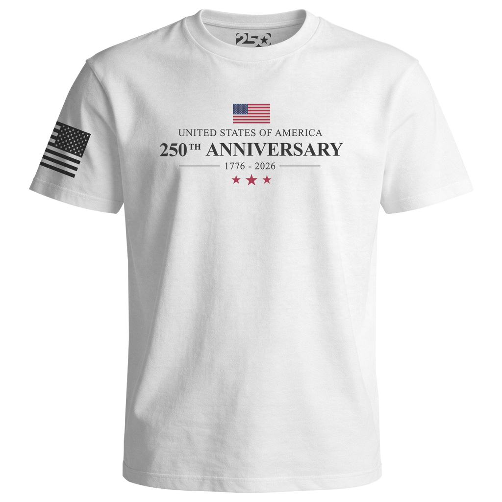 White t-shirt with 250th Anniversary of the United States design on a white background