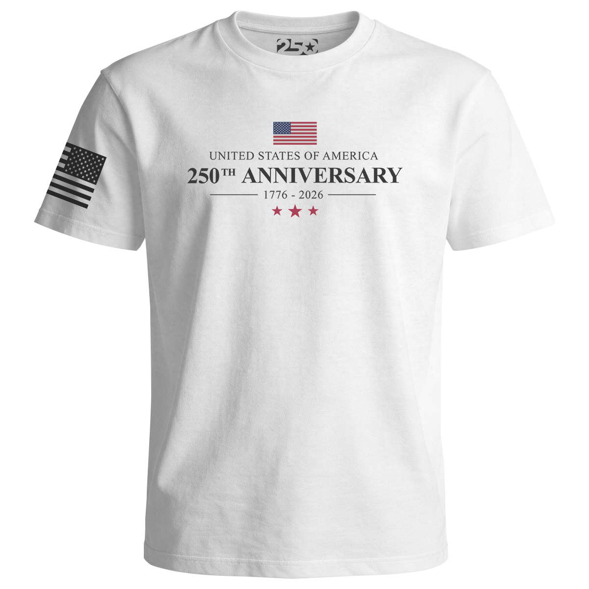 White t-shirt with 250th Anniversary of the United States design on a white background