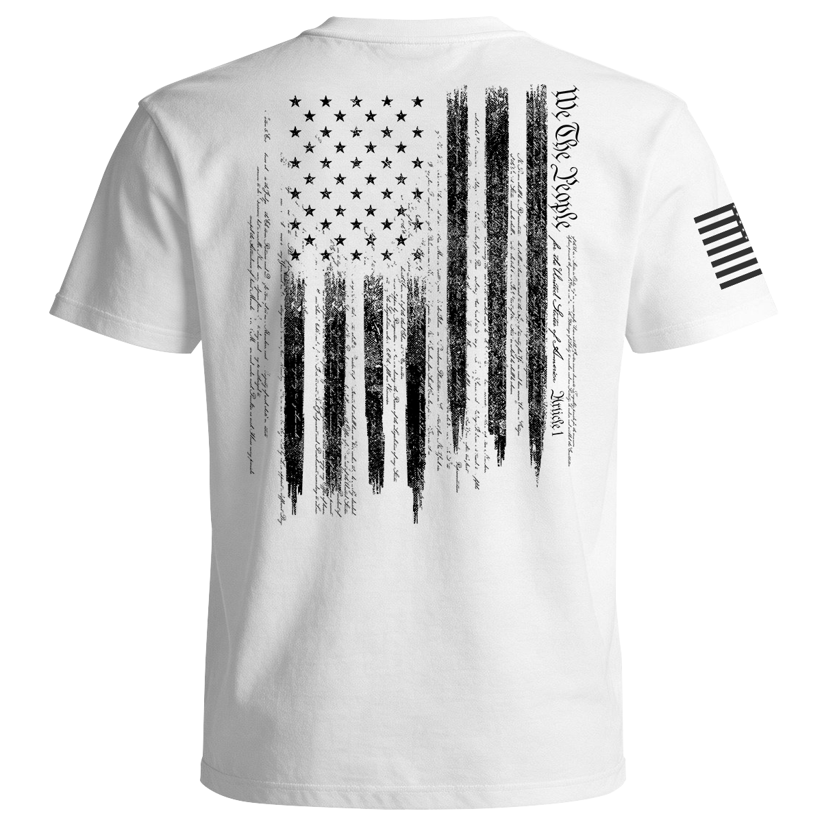 White t-shirt with black American flag design on the back and a small flag patch on the sleeve against a white background.