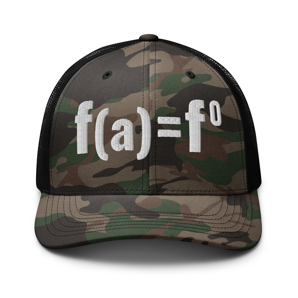 Camo black patriotic trucker hat with FAFO bold embroidered design, structured six panel mesh back adjustable hat