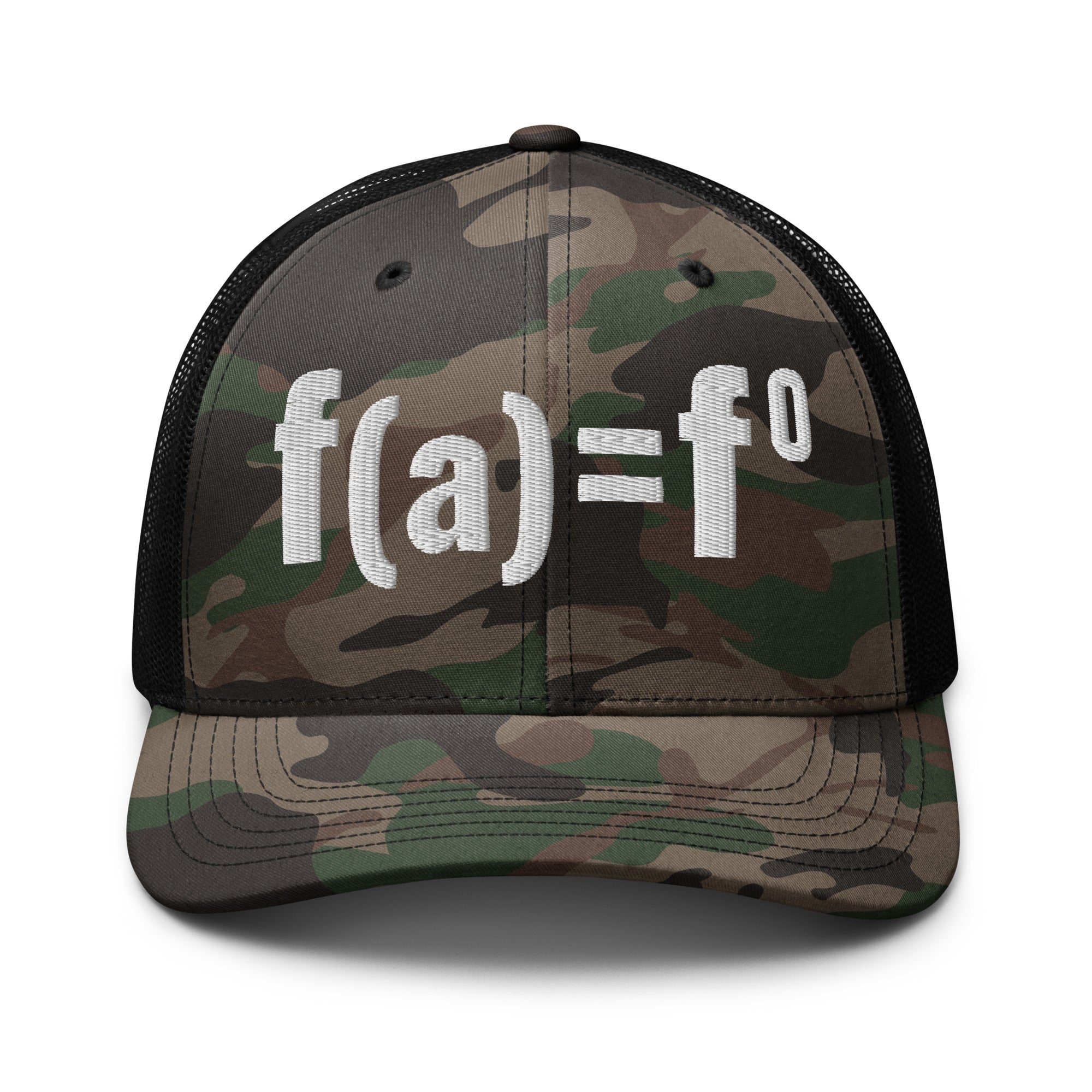 Camo black patriotic trucker hat with FAFO bold embroidered design, structured six panel mesh back adjustable hat