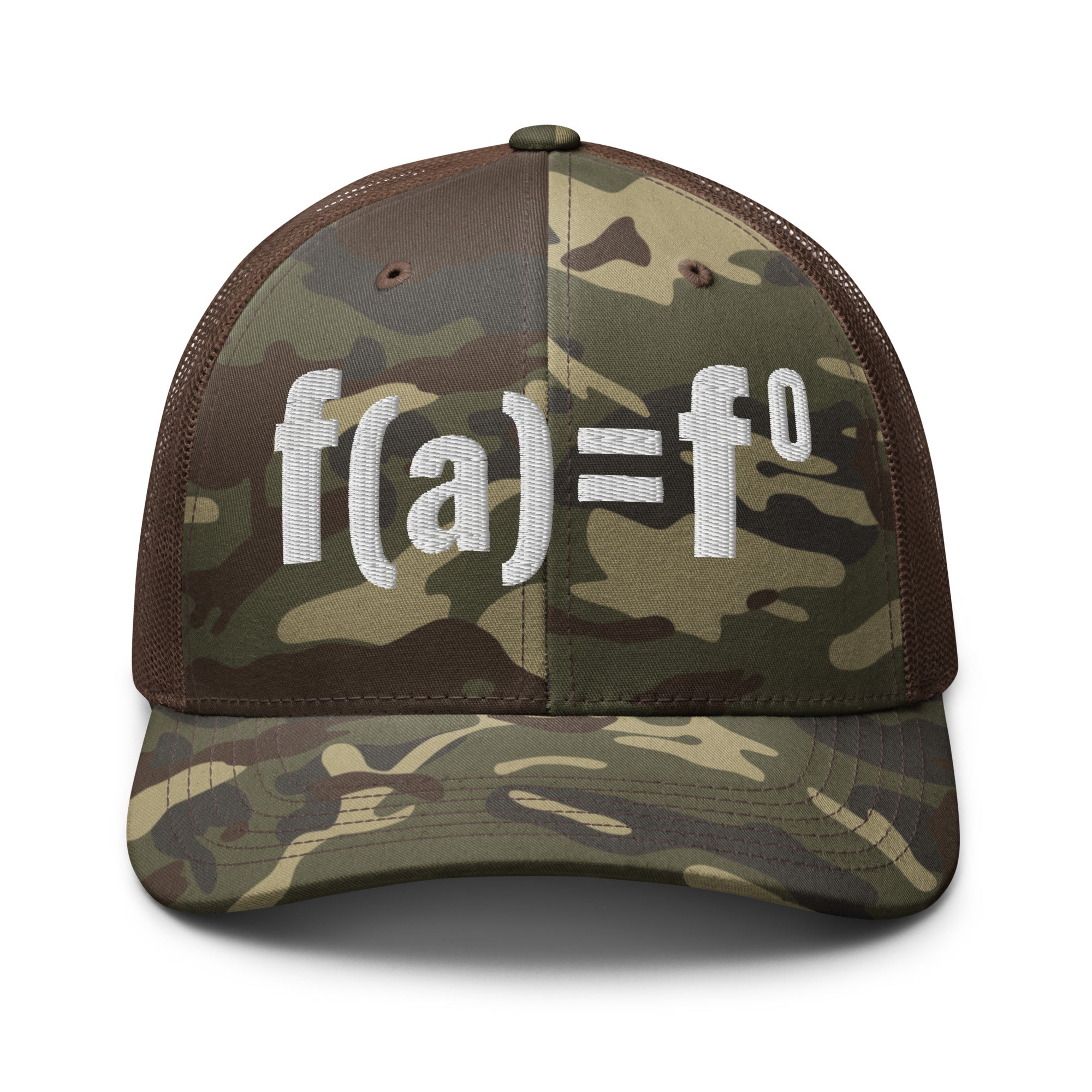 Camo brown patriotic trucker hat with FAFO bold embroidered design, structured six panel mesh back adjustable hat