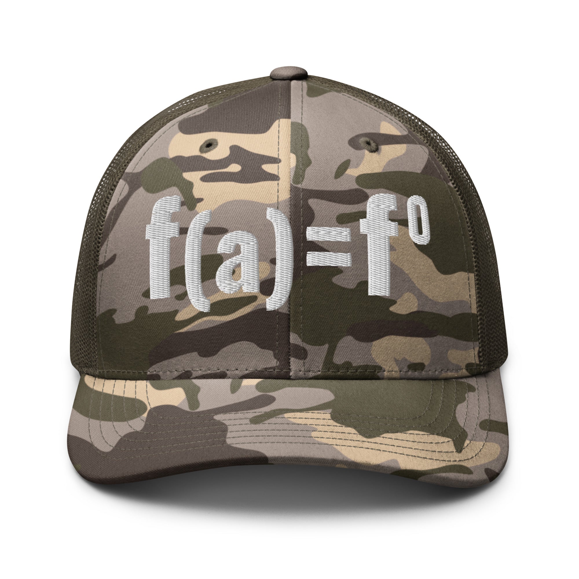 Camo olive patriotic trucker hat with FAFO bold embroidered design, structured six panel mesh back adjustable hat