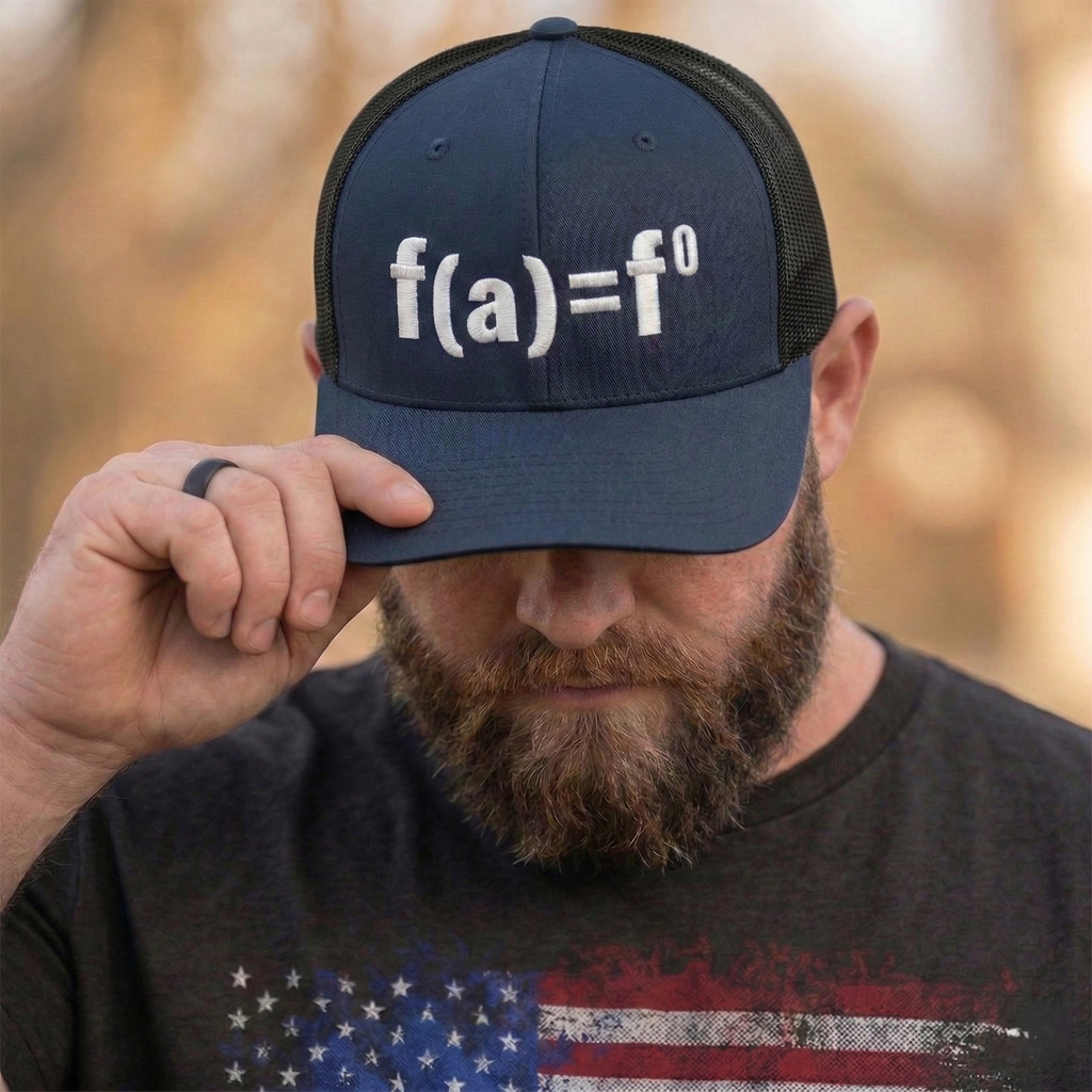 Navy blue patriotic trucker hat with FAFO bold embroidered design, structured six panel mesh back adjustable hat