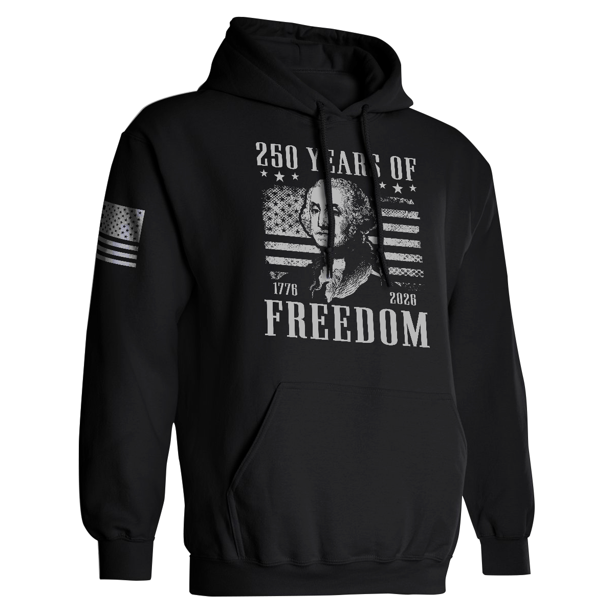 Black hoodie with a graphic of George Washington and text celebrating 250 years of freedom