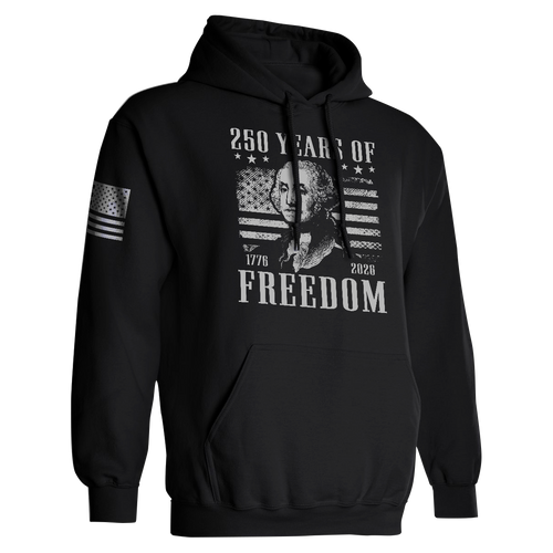 Black hoodie with a graphic of George Washington and text celebrating 250 years of freedom