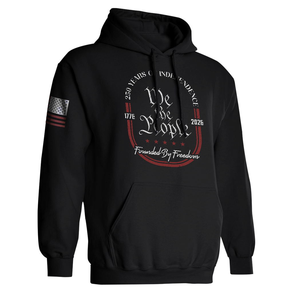 Black We The People 250 Years of Independence hoodie featuring vintage typography, 1776–2026 print, and distressed patriotic design