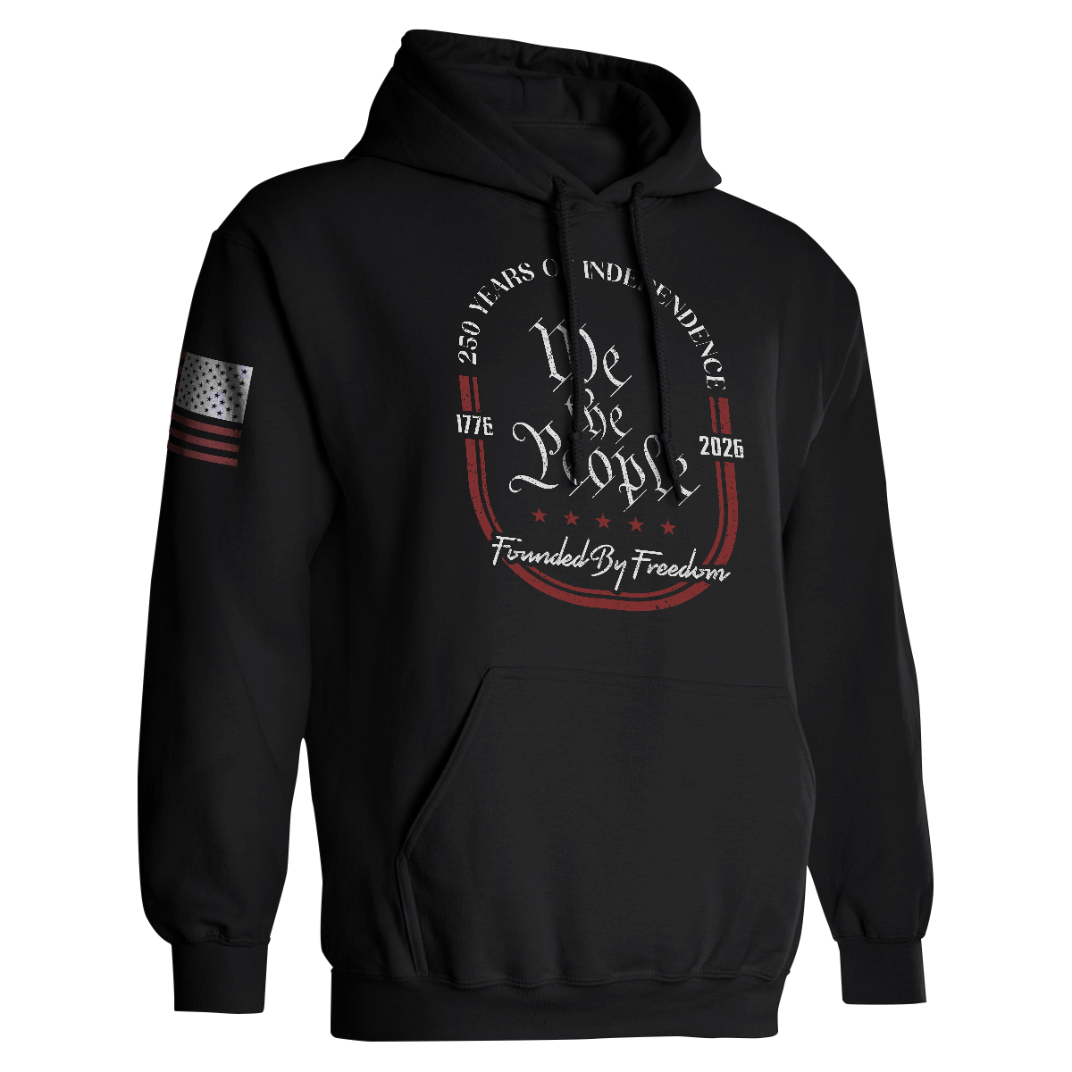 Black We The People 250 Years of Independence hoodie featuring vintage typography, 1776–2026 print, and distressed patriotic design