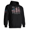 Black 250 Years of Freedom patriotic hoodie with distressed American flag design and 1776–2026 text