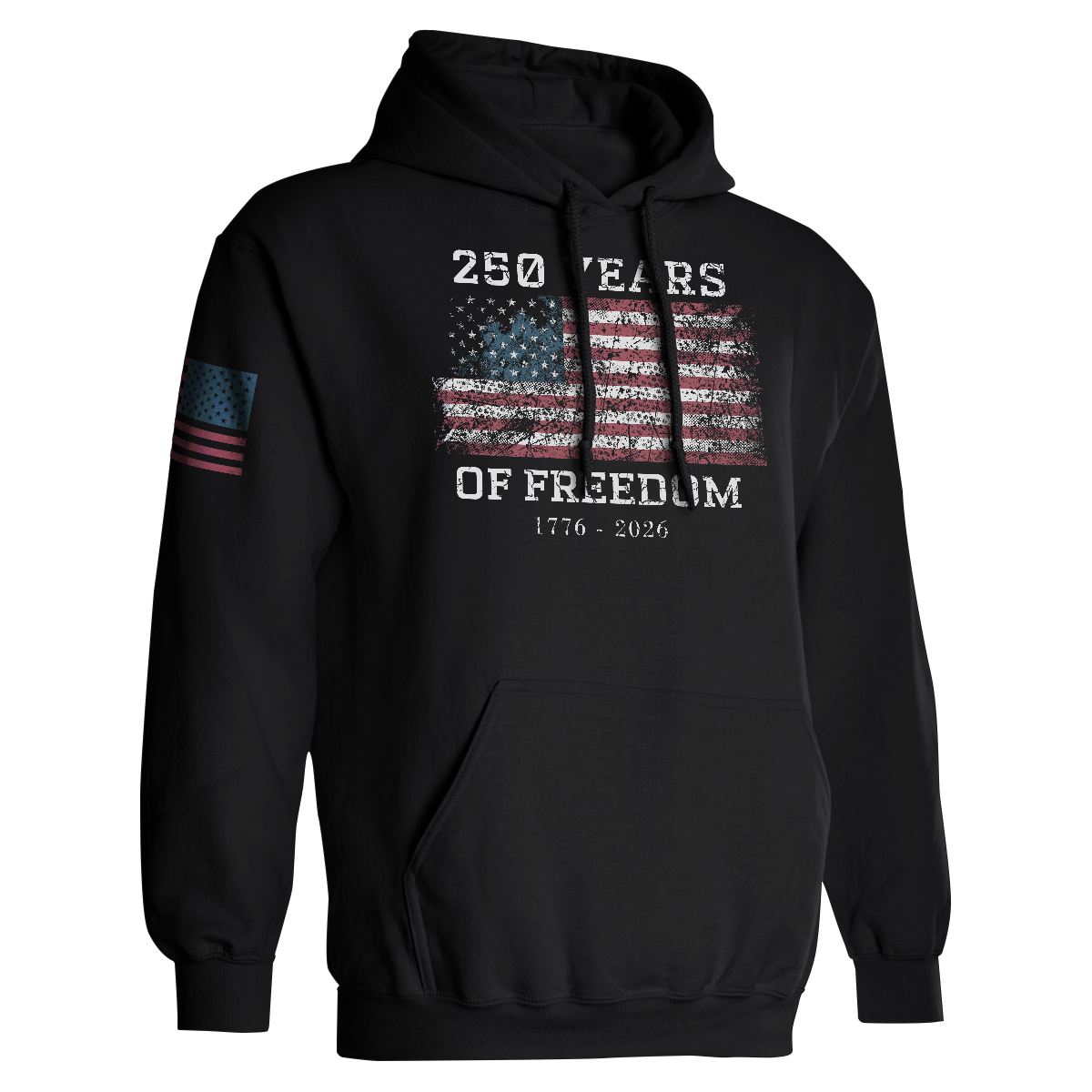 Black 250 Years of Freedom patriotic hoodie with distressed American flag design and 1776–2026 text