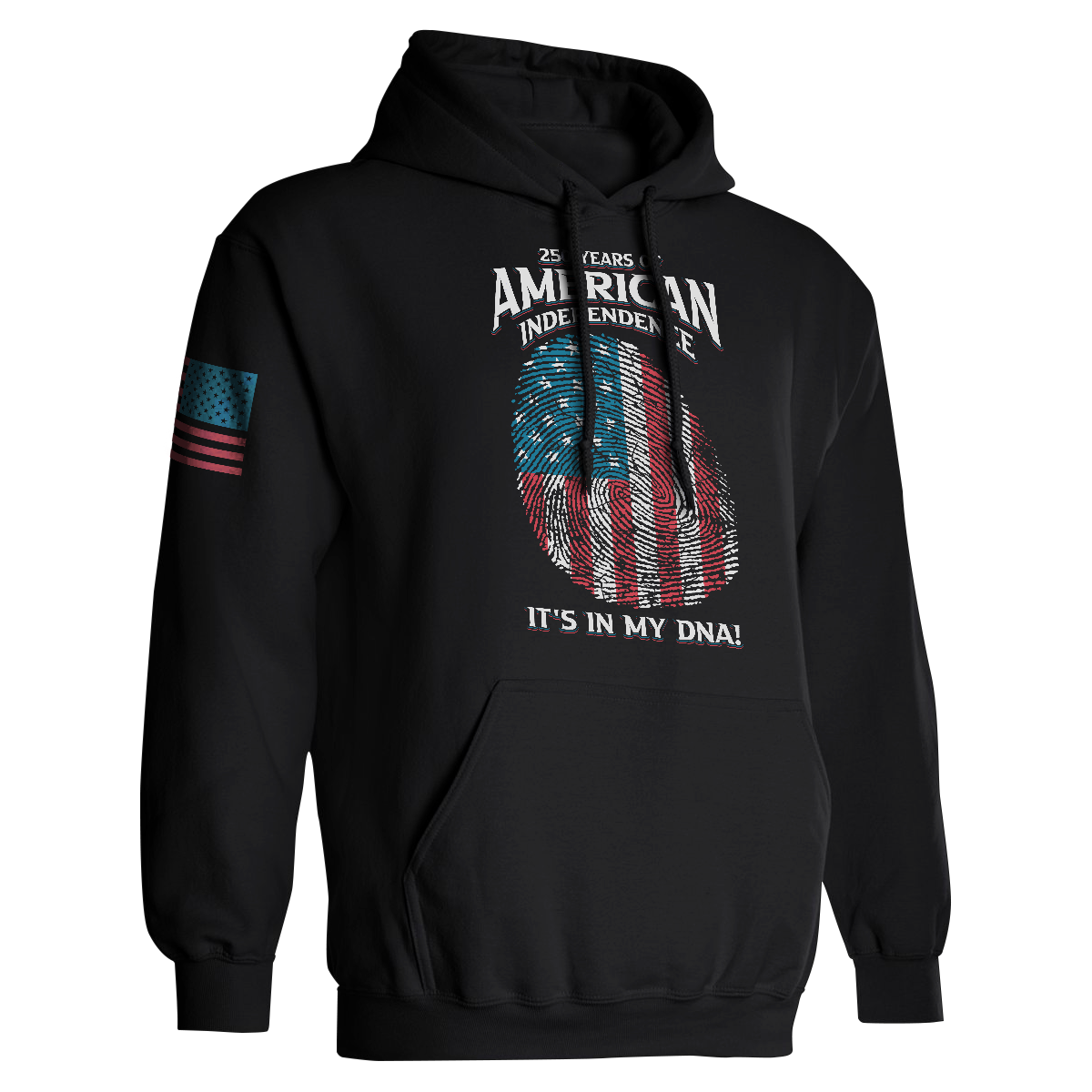Black 250 Years of American Independence DNA hoodie with fingerprint USA flag graphic front view