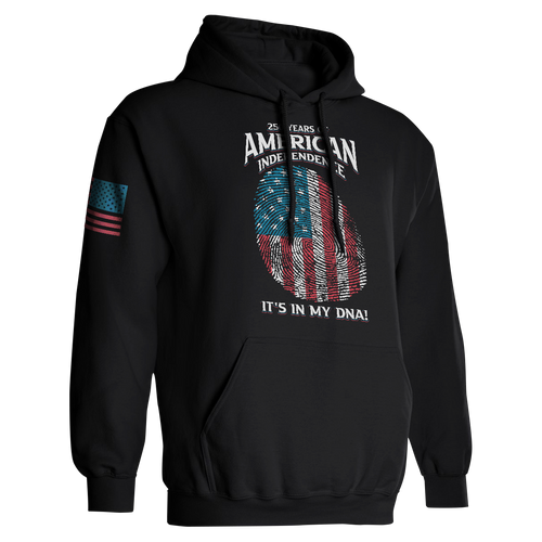 Black 250 Years of American Independence DNA hoodie with fingerprint USA flag graphic front view