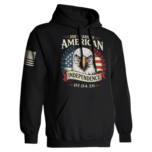 Black patriotic hoodie with bald eagle design and “250 Years of American Independence 07.04.26” graphic, featuring American flag elements
