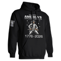 Black America semiquincentennial 1776 2026 patriotic hoodie with colonial soldier design and USA flag sleeve