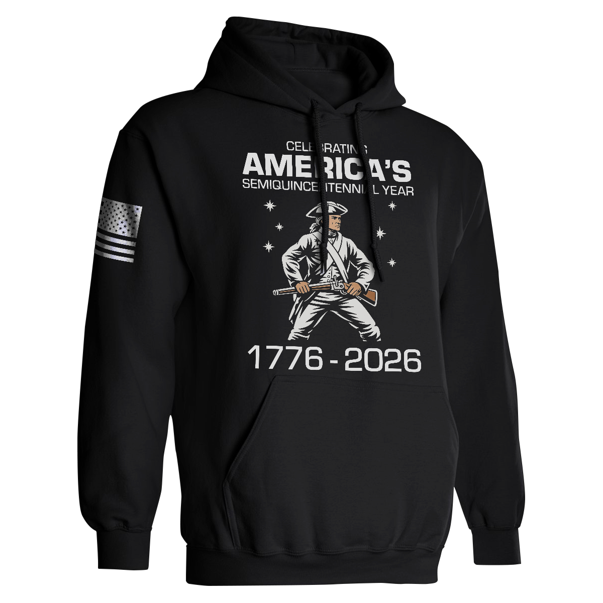 Black America semiquincentennial 1776 2026 patriotic hoodie with colonial soldier design and USA flag sleeve