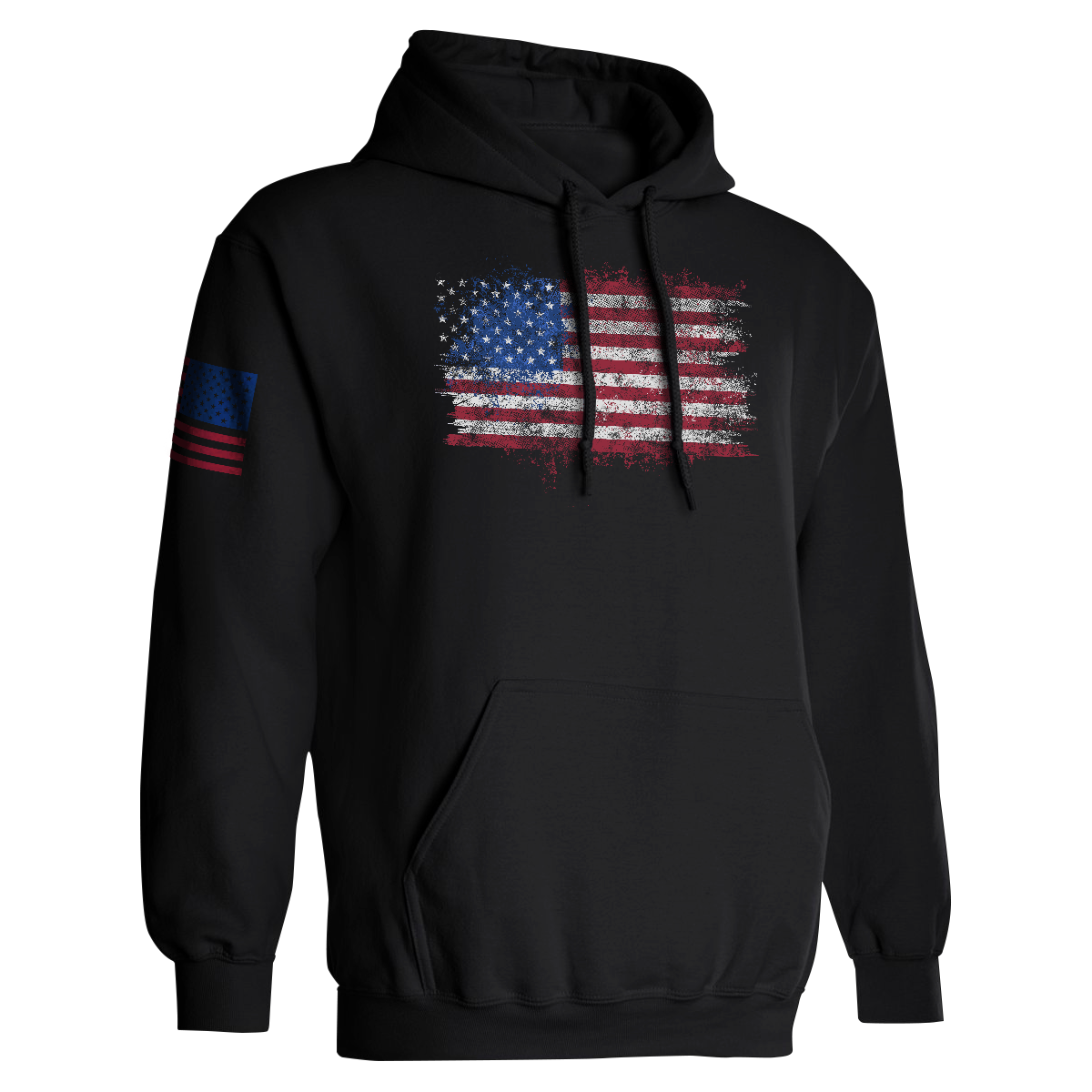 Distressed American flag patriotic black hoodie with sleeve USA flag design