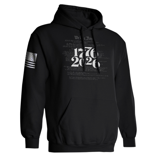 Black 1776 2026 America 250 patriotic hoodie with We The People Constitution graphic